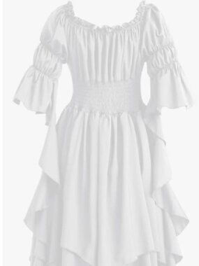 Renaissance White Dress Women Medieval Ruffle Victorian Two Layers Costume-S